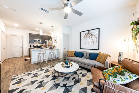 a living room and kitchen with a ceiling fan and a rug
